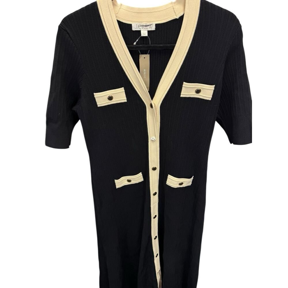 NWT J.Crew Ribbed Knit Dress Black Cream Trim Button Front Midi Size Large - Picture 7 of 12